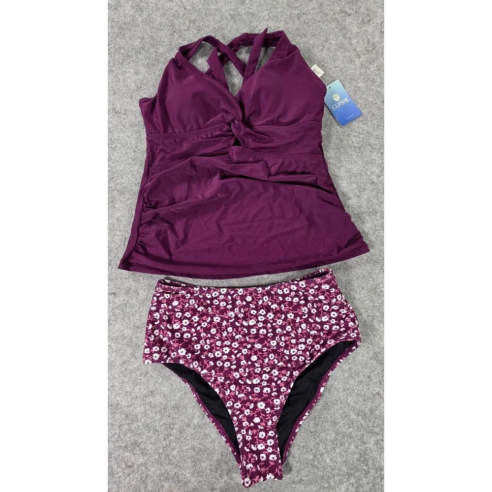 NWT Cupshe Cutout V-Neck Tankini Top Floral Plum Mid-Rise Bottoms Set Med